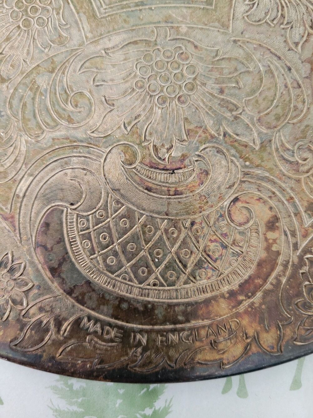Made in England Vintage Round Embossed Tray Ornate Floral Boho Decor - Picture 7 of 9